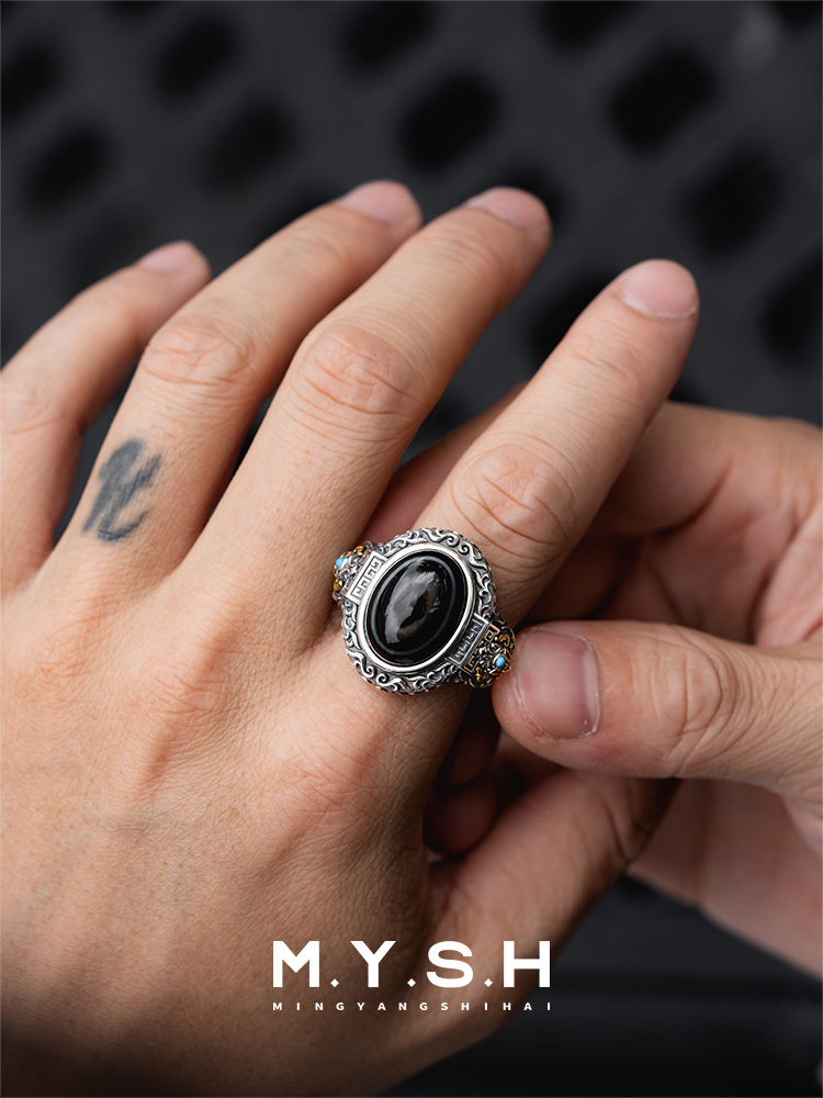 S925 Silver Dzi Stone Mens Ring