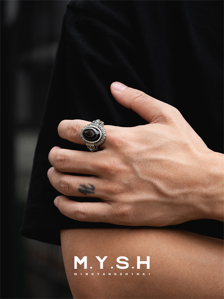 S925 Silver Dzi Stone Mens Ring