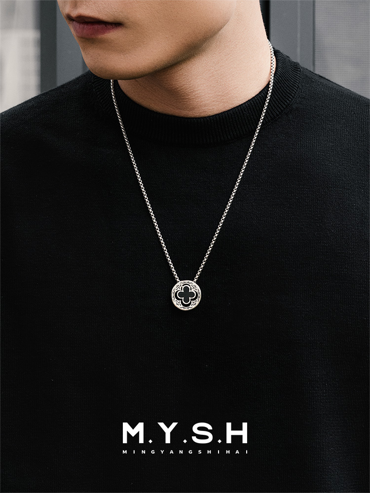 S925 Silver Natural Black Agate Four-Leaf Clover Pendant Necklace