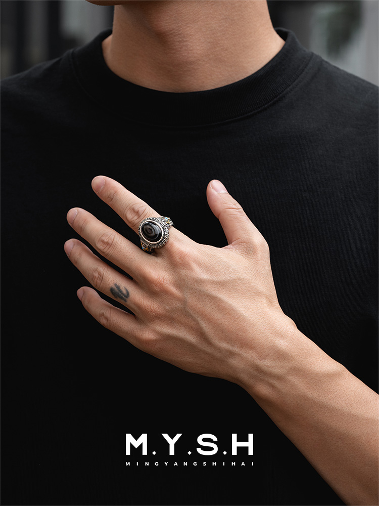 S925 Silver Dzi Stone Mens Ring
