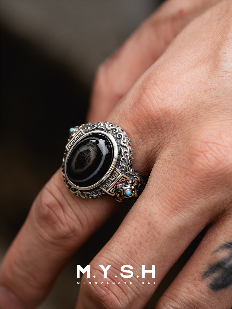 S925 Silver Dzi Stone Mens Ring
