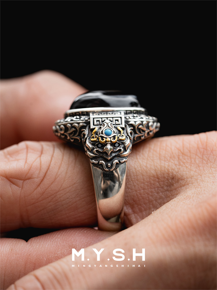 S925 Silver Dzi Stone Mens Ring