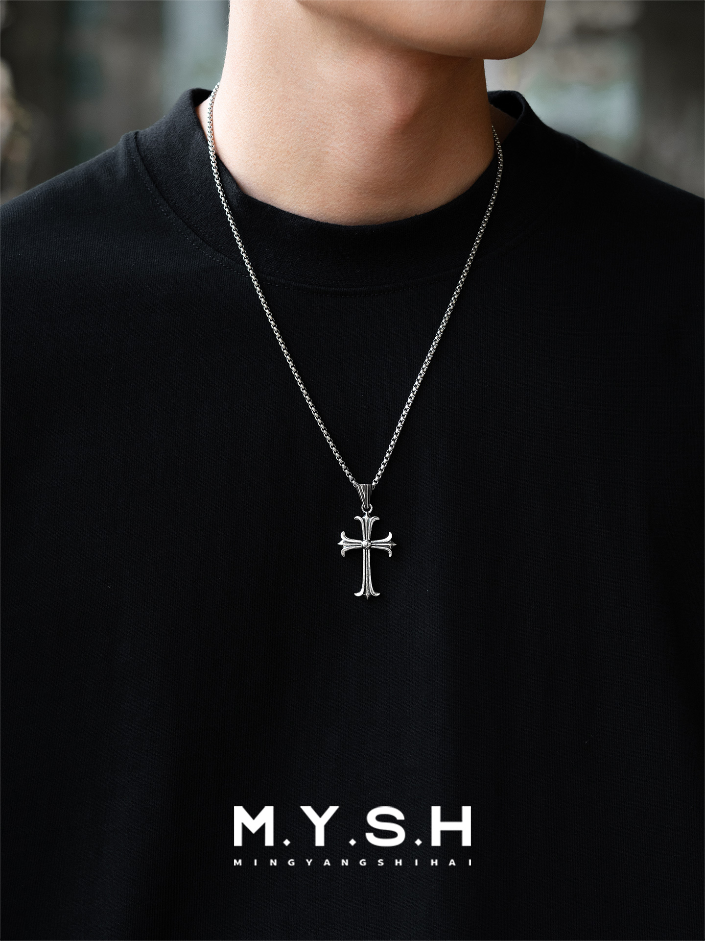 S925 Silver Fleur-de-Lis Gothic Cross Pendant Necklace