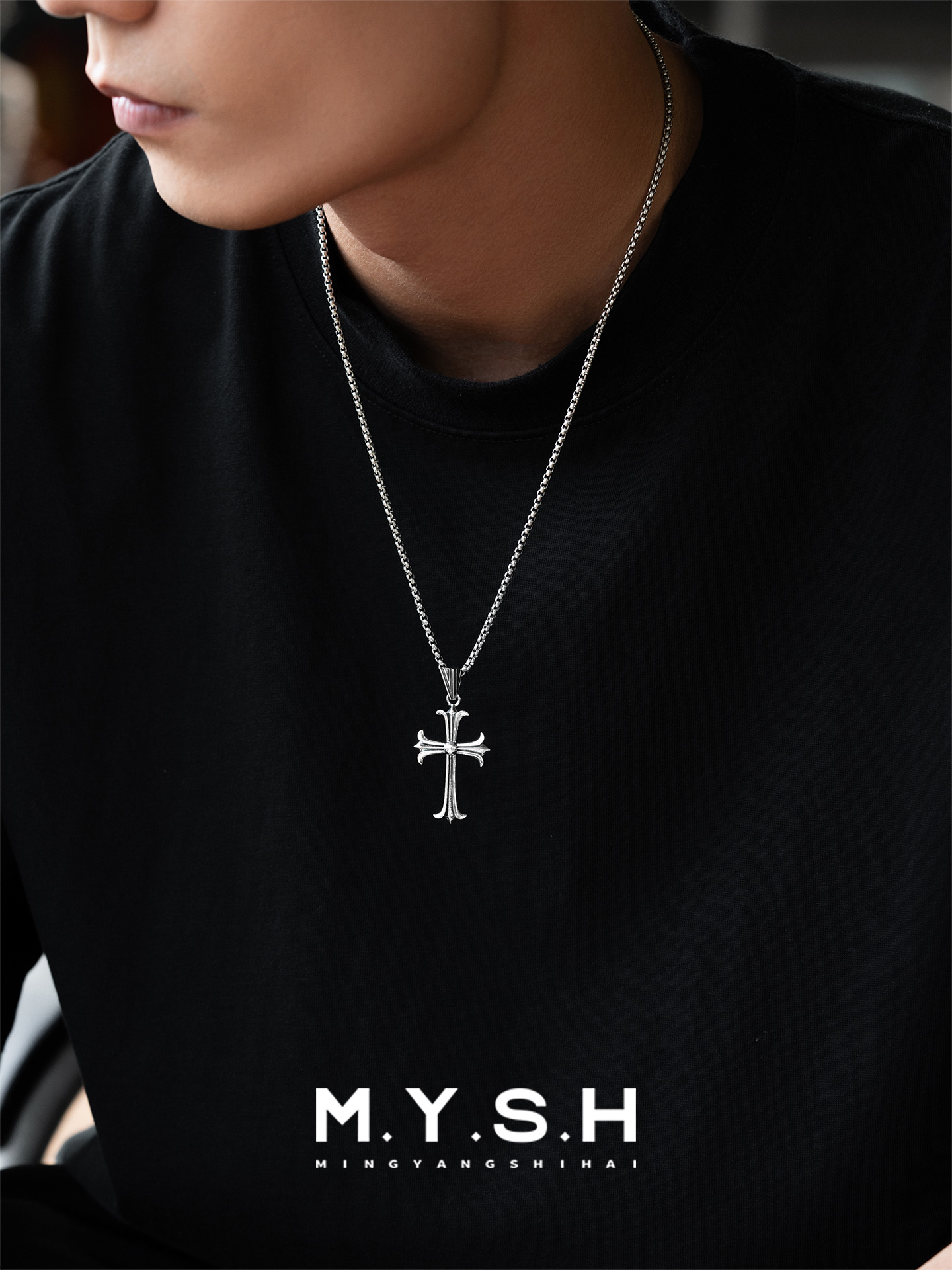 S925 Silver Fleur-de-Lis Gothic Cross Pendant Necklace