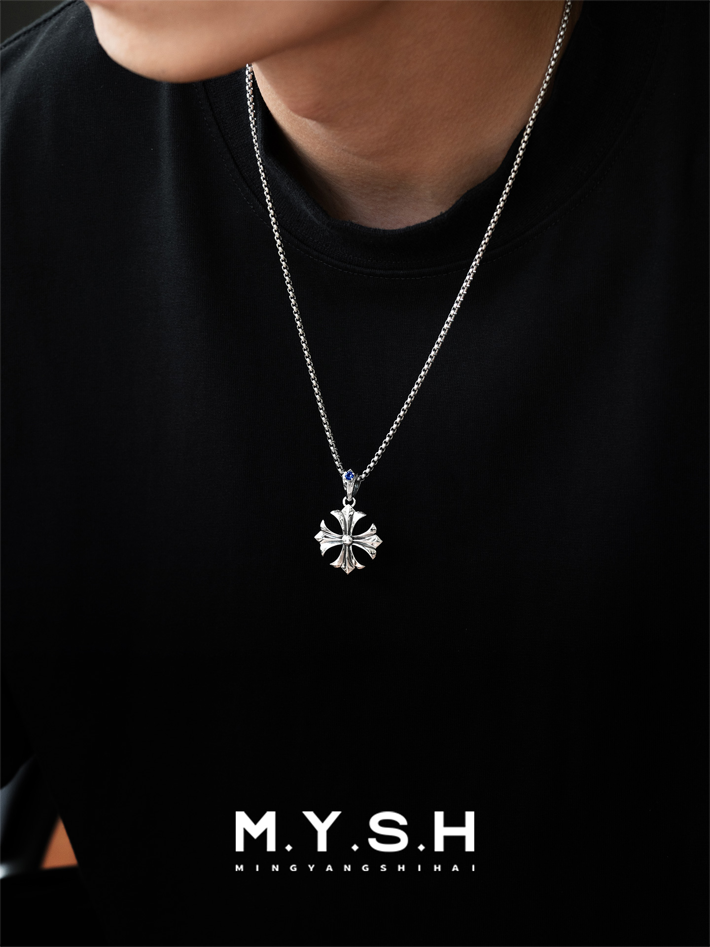 S925 Silver Fleur-de-Lis Cross Pendant Necklace for Men