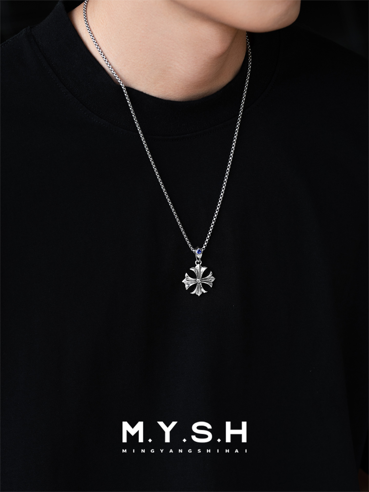 S925 Silver Fleur-de-Lis Cross Pendant Necklace for Men
