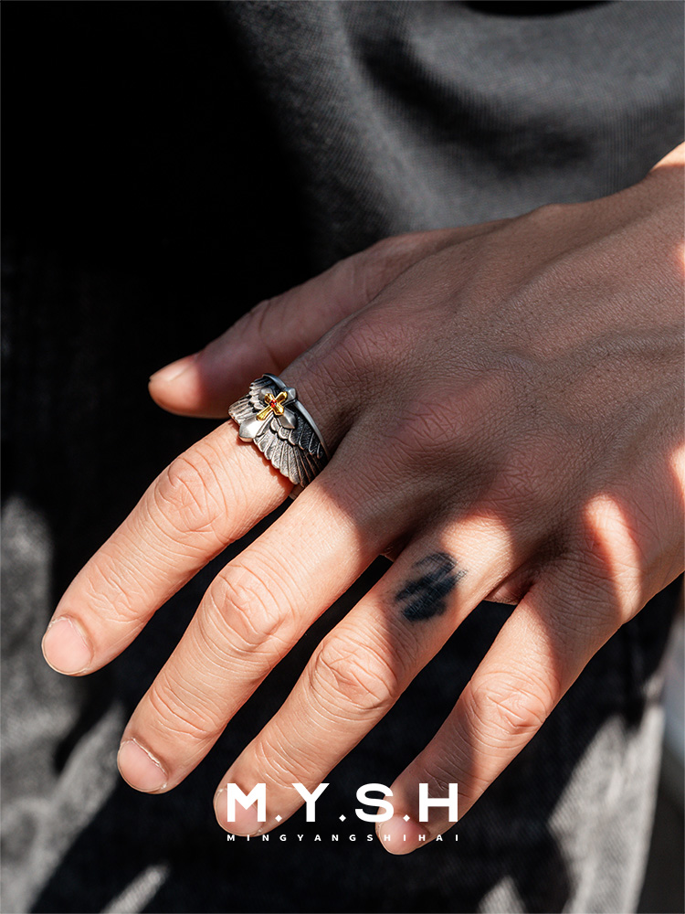 S925 Silver Guardian Wings Cross Ring for Men