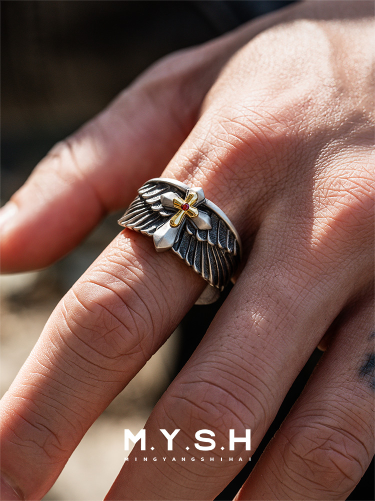 S925 Silver Guardian Wings Cross Ring for Men