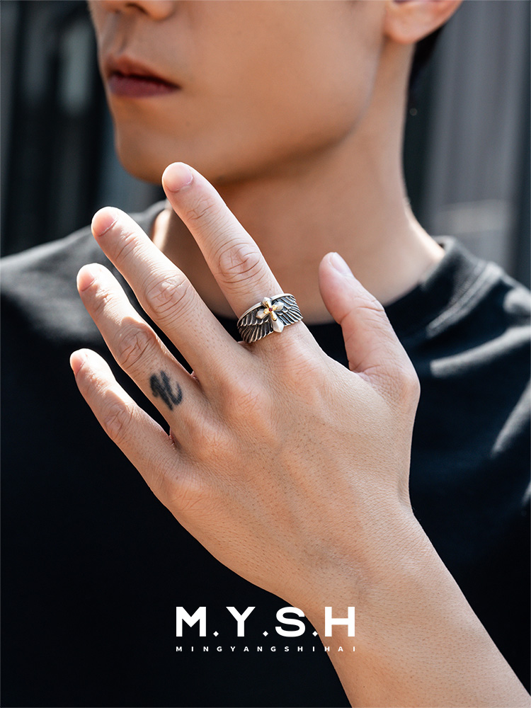 S925 Silver Guardian Wings Cross Ring for Men
