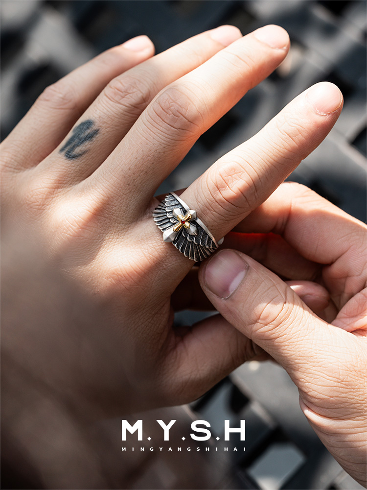 S925 Silver Guardian Wings Cross Ring for Men
