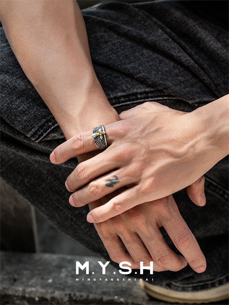 S925 Silver Guardian Wings Cross Ring for Men
