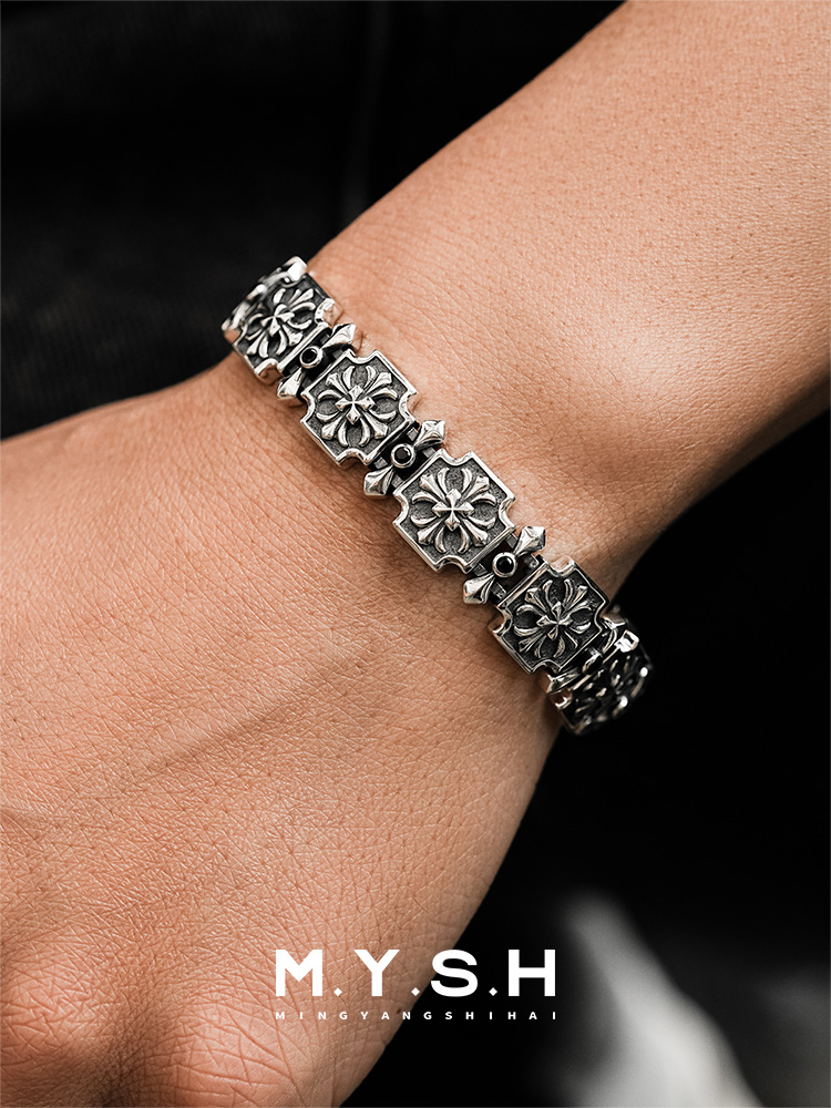 12MM S925 Silver 3D Fleur-de-Lis Cross Link Bracelet