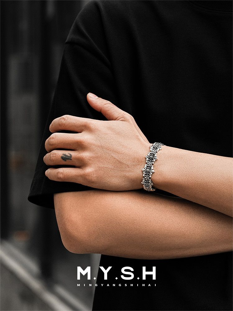 S925 Silver Fleur-de-Lis Cross Wide Bracelet