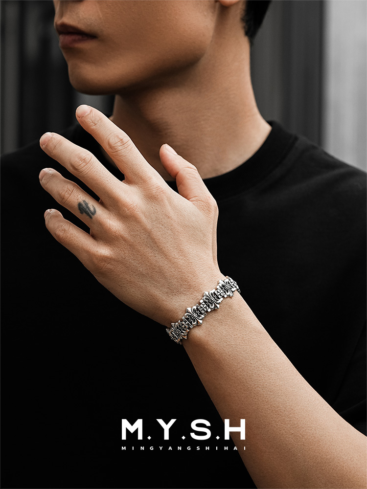 S925 Silver Fleur-de-Lis Cross Wide Bracelet