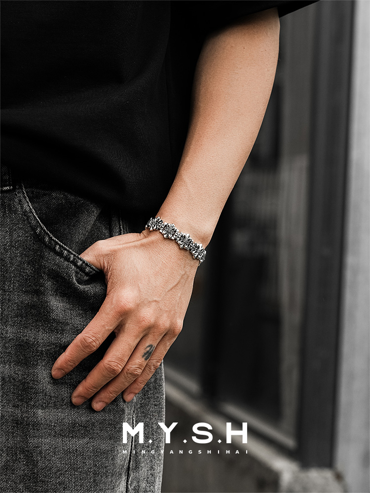 S925 Silver Fleur-de-Lis Cross Wide Bracelet