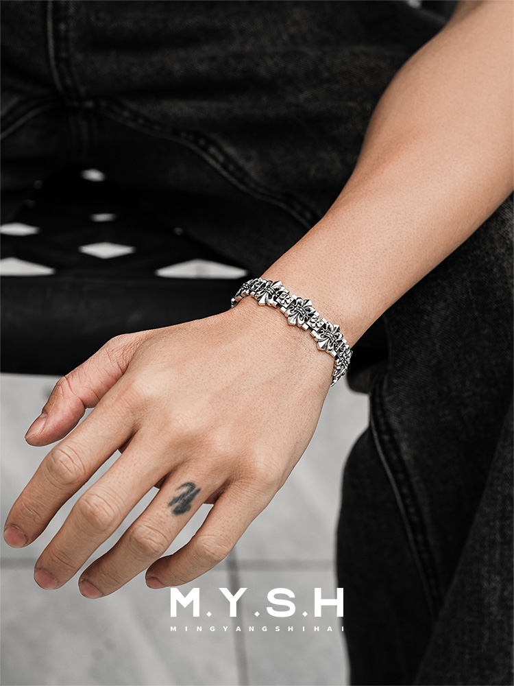 S925 Silver Fleur-de-Lis Cross Wide Bracelet