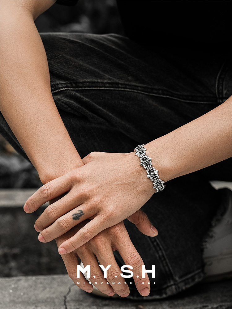 S925 Silver Fleur-de-Lis Cross Wide Bracelet