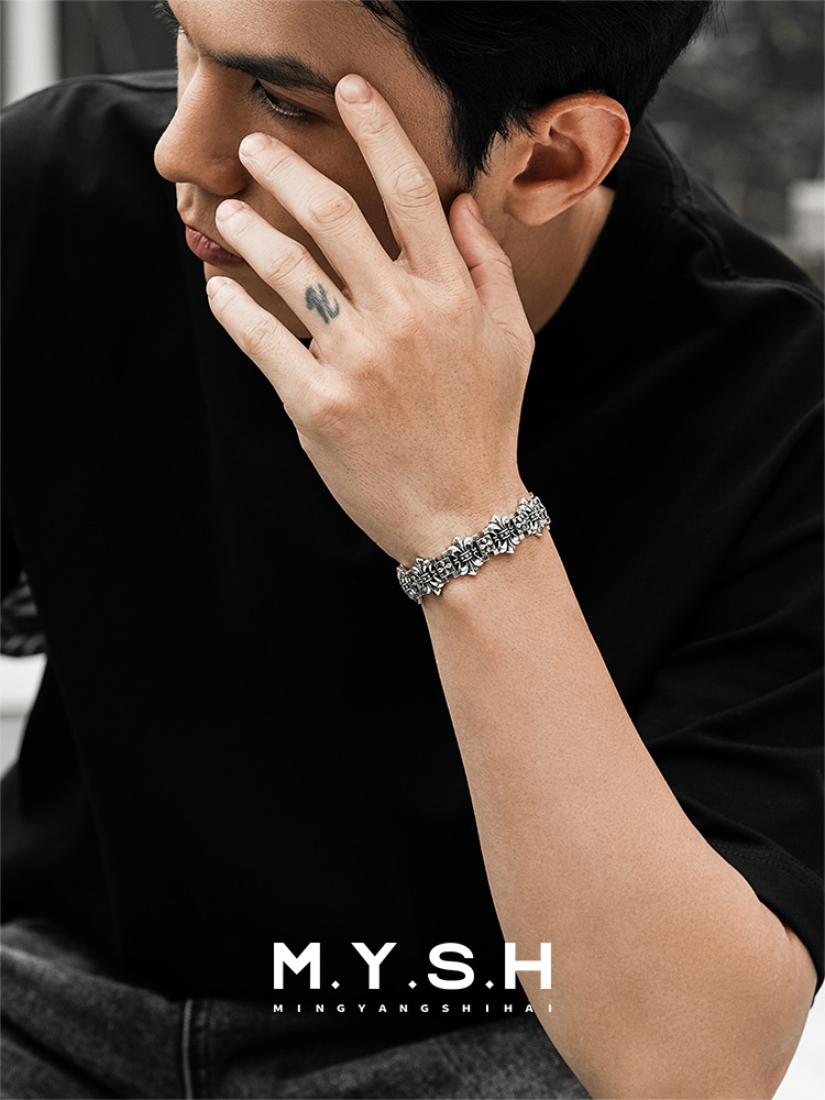 S925 Silver Fleur-de-Lis Cross Wide Bracelet