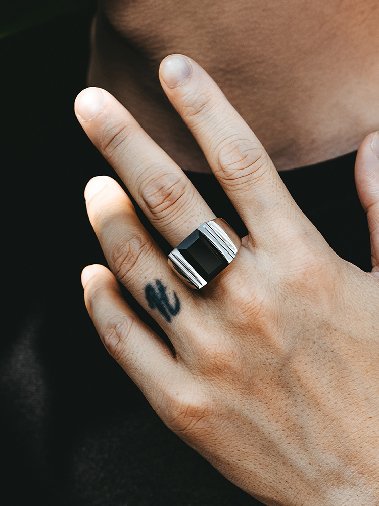 S925 Silver Black Onyx Rectangular Power Ring