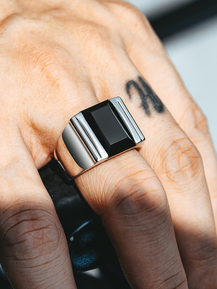 S925 Silver Black Onyx Rectangular Power Ring
