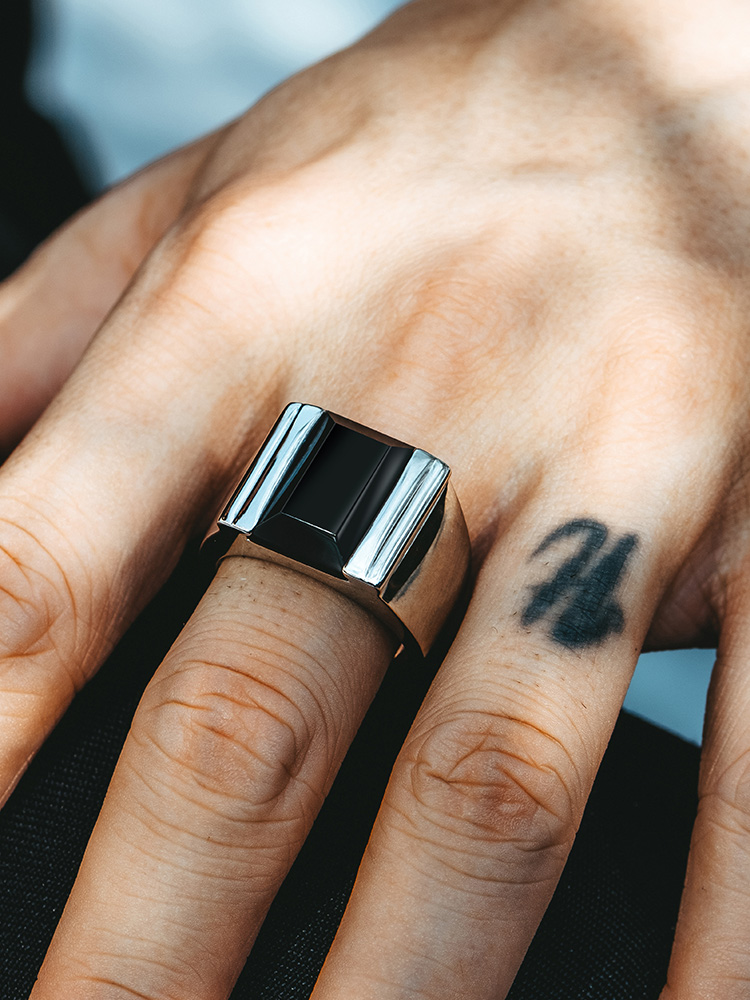 S925 Silver Black Onyx Rectangular Power Ring