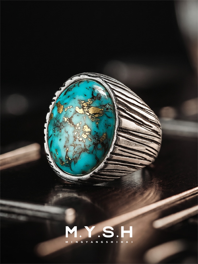 S925 Silver Natural Turquoise Statement Ring for Men