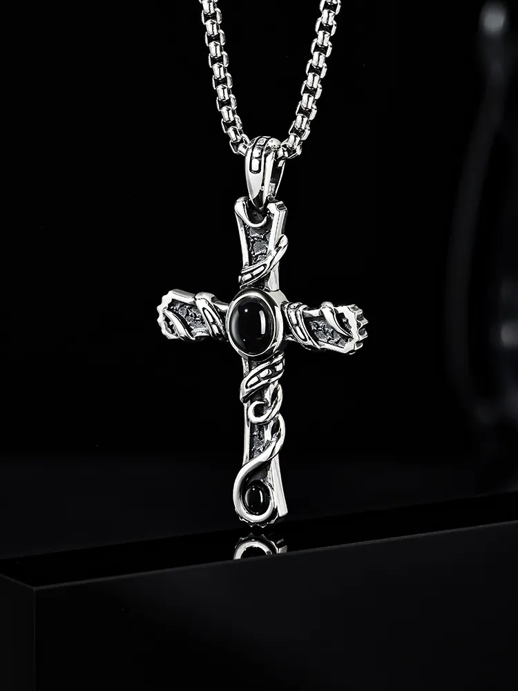 S925 Silver Black Onyx Wrapped Cross Pendant Necklace