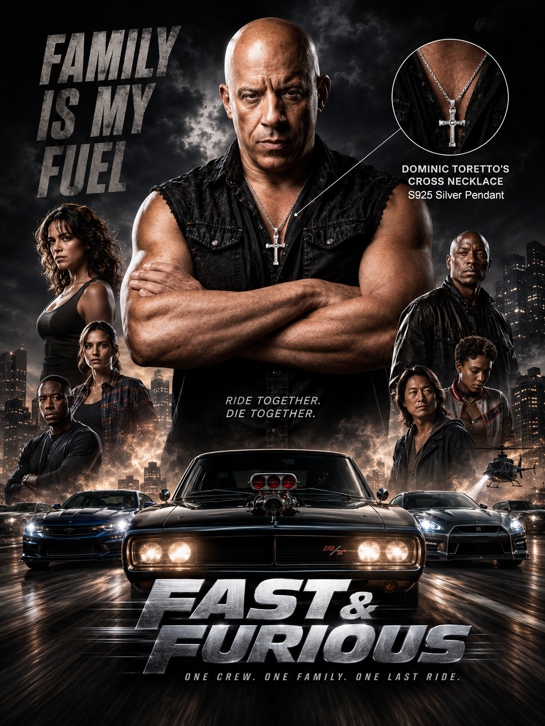 S925 Silver Fast & Furious X Dominic Toretto Diamond Cross Pendant Necklace