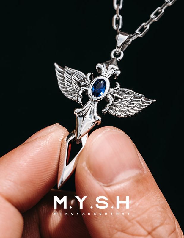 Angel Wing Sapphire Cross Necklace