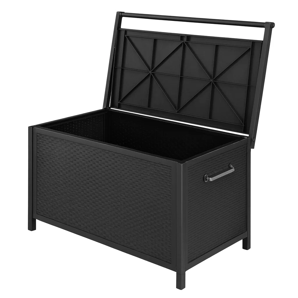 Scatola di stoccaggio bauletto da esterno in acciaio e polyrattan nero 120x50x60 cm