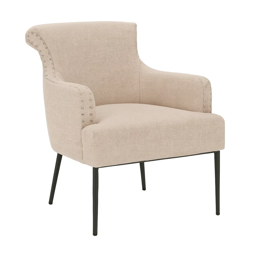 Poltrona beige in tessuto con gambe in metallo