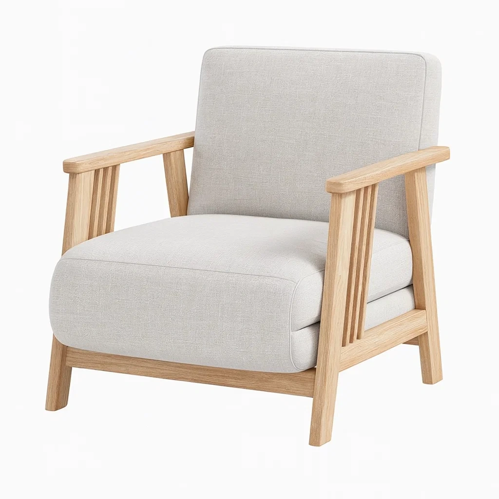 Poltrona in legno di quercia con rivestimento in poliestere beige