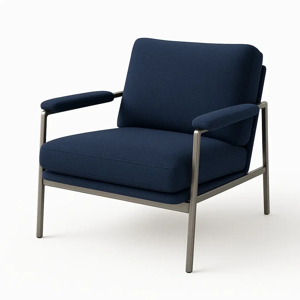 Poltrona blu scuro con struttura in metallo