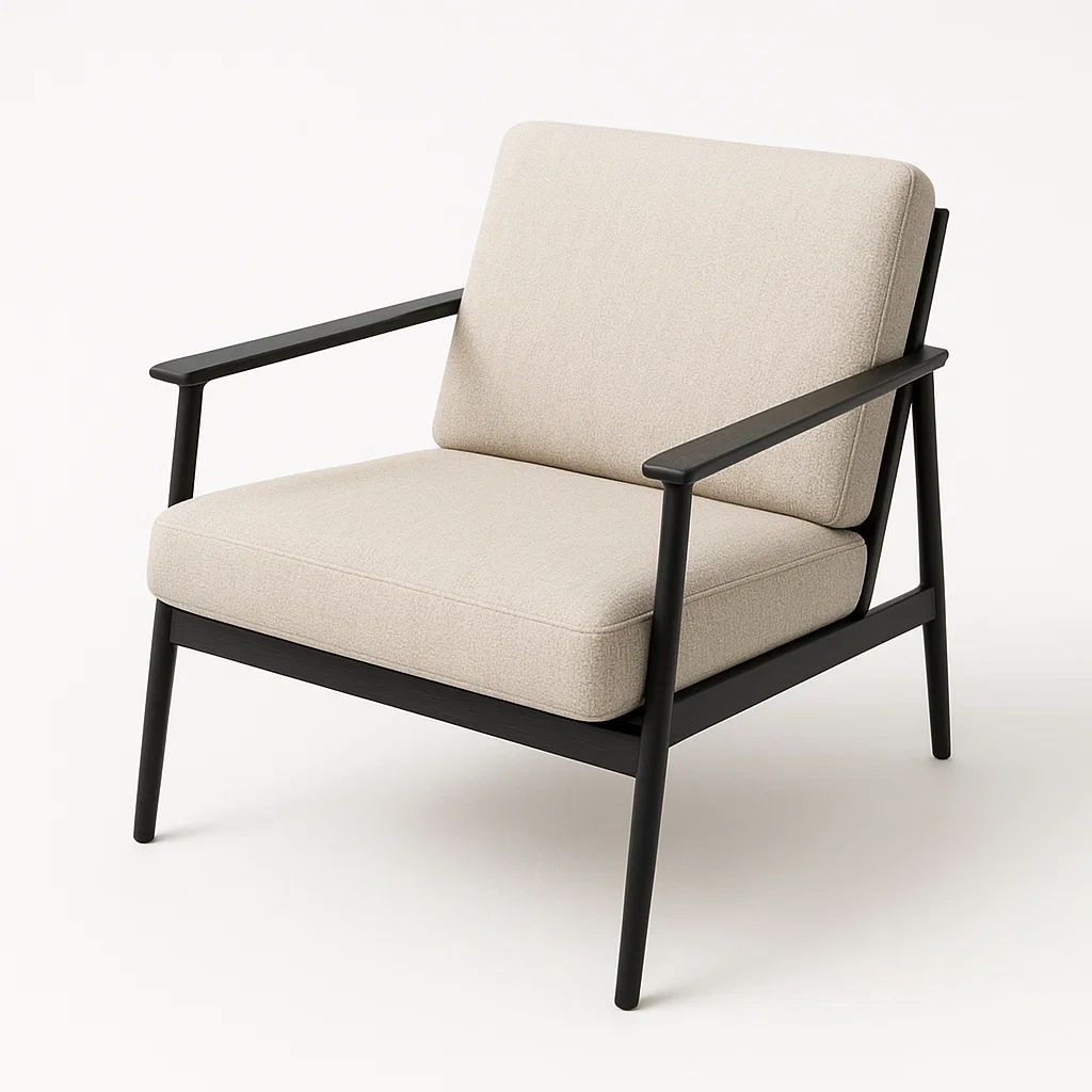 Poltrona in tessuto beige con struttura in legno nero