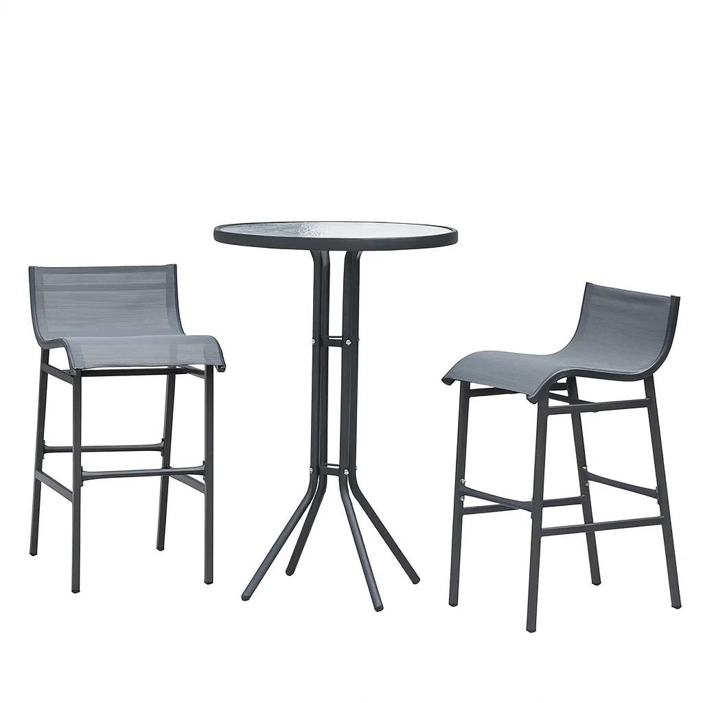 Set bar da terrazzo con sgabelli alti tavolo e sedie da bar rotondo metallo/vetro temperato grigio-FURNARK