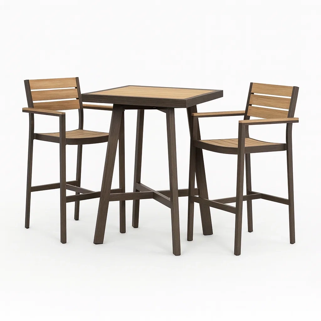 Set bar da terrazzo con sgabelli alti tavolo alto con sedie in legno per esterno-FURNARK