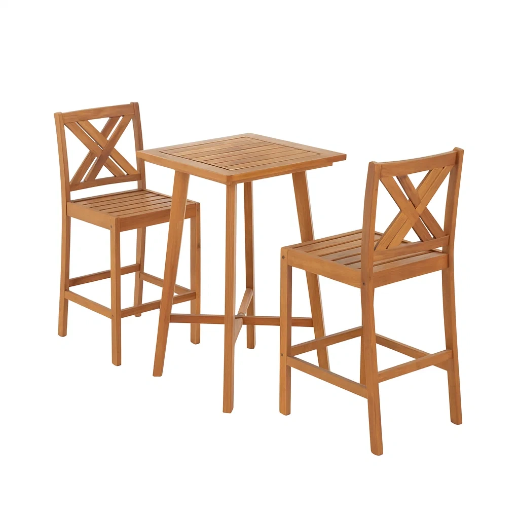 Set bar da terrazzo con sgabelli alti tavolo e sedie da bar in legno d'acacia marrone-FURNARK