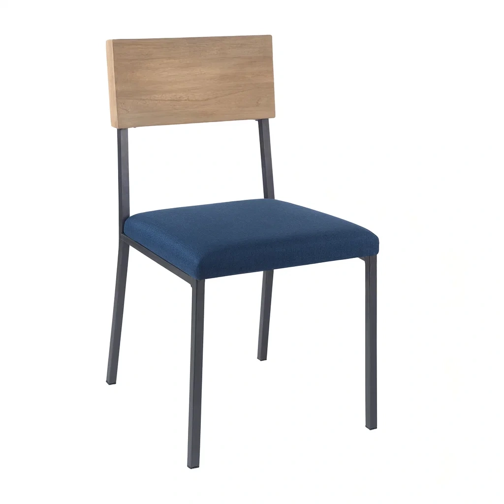 Sedia da pranzo in metallo con sedile in tessuto blu e schienale in legno-FURNARK