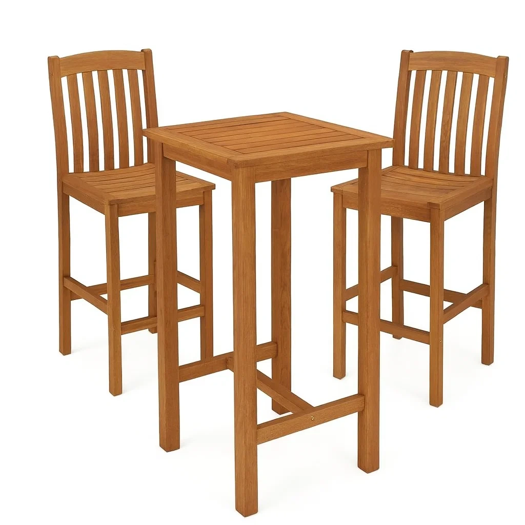 Set bar da terrazzo con sgabelli alti tavolo alto e sedie quadrato legno massello 2 sedie marrone-FURNARK
