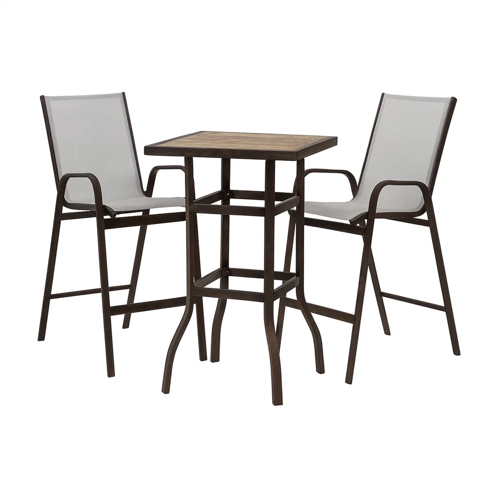 Set bar da terrazzo con sgabelli alti tavolo e sedie da bar in legno e metallo con seduta in tessuto-FURNARK