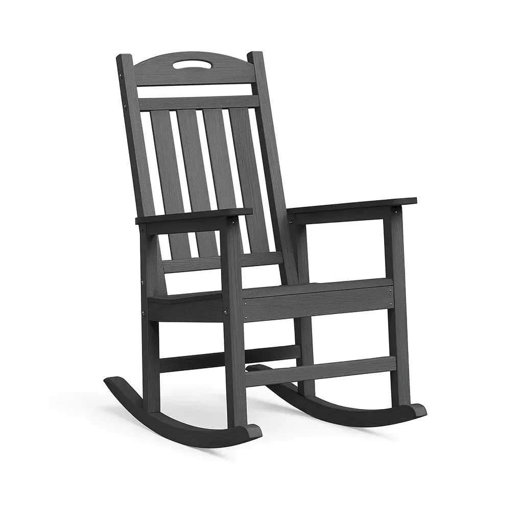 Sedia a dondolo da terrazzo in legno composito nero con schienale e braccioli-Sofiruno