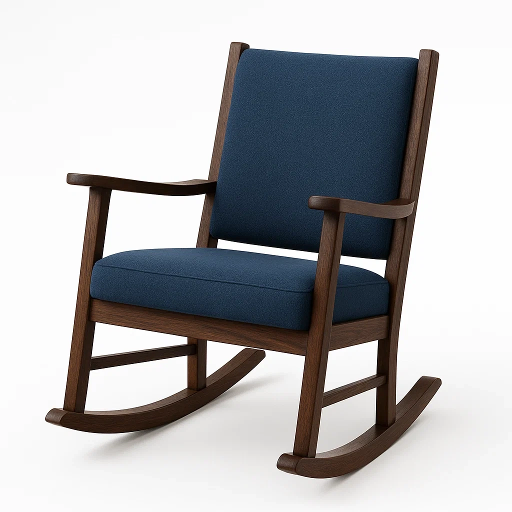 Sedia a dondolo in legno con tessuto blu-Sofiruno