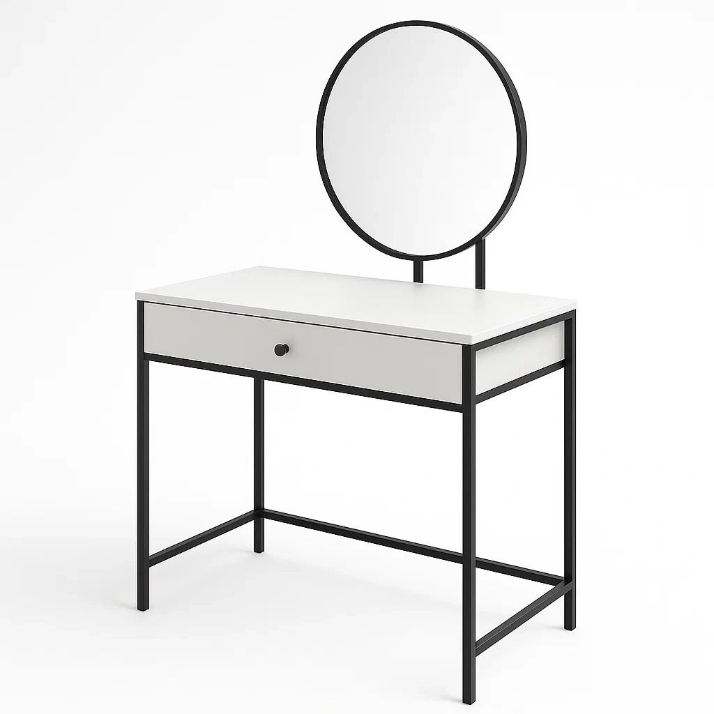 Toeletta in MDF e acciaio con specchio rotondo bianco e nero-MOBIARGO