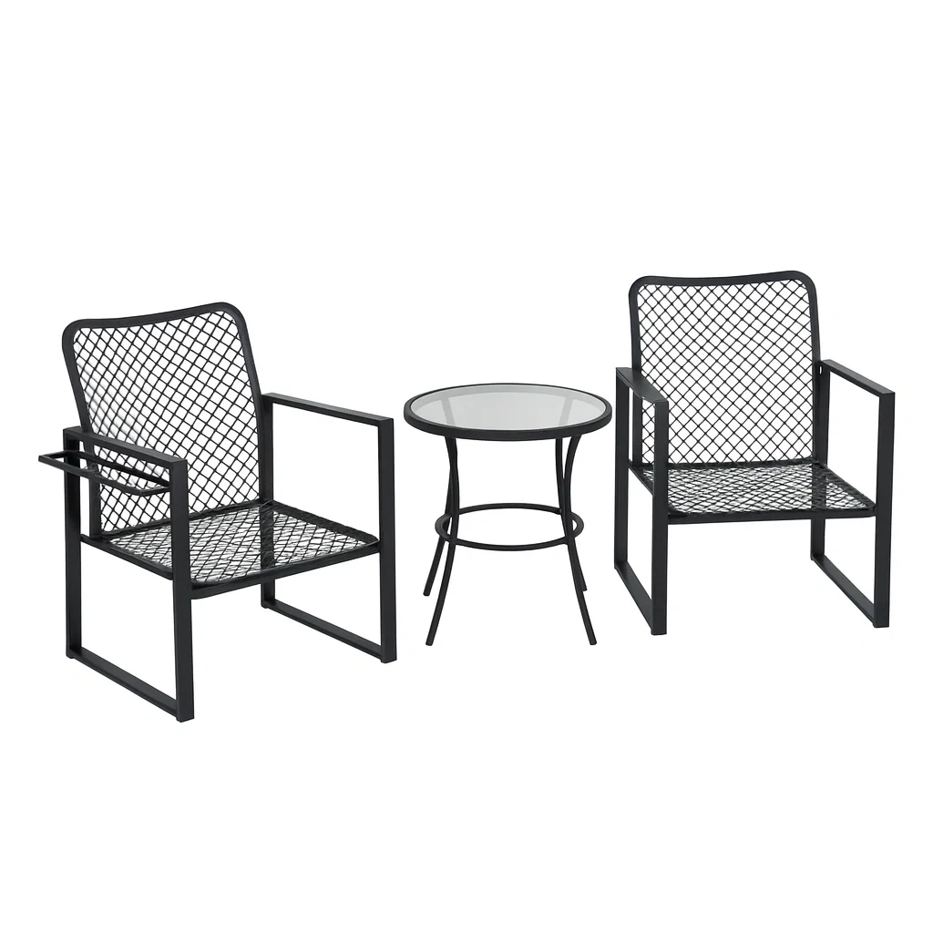 Set da esterno per il relax di 2 sedie e tavolino in metallo e vetro temperato nero-MOBIARGO