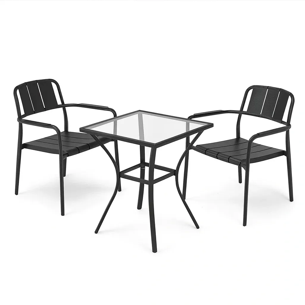 Set da esterno per il relax da giardino tavolo quadrato vetro temprato e 2 sedie metallo nero-MOBIARGO