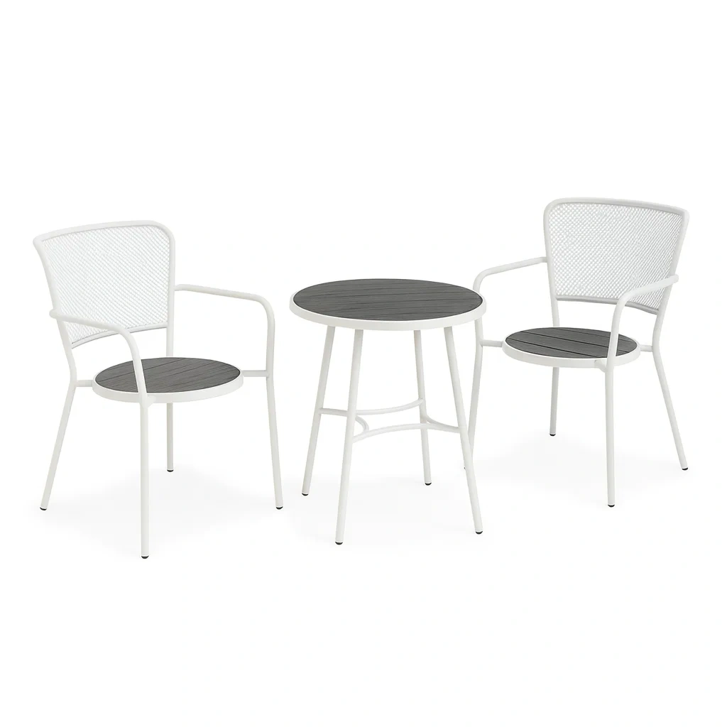 Set da esterno per il relax di tavolo e sedie in metallo bianco e legno composito-MOBIARGO