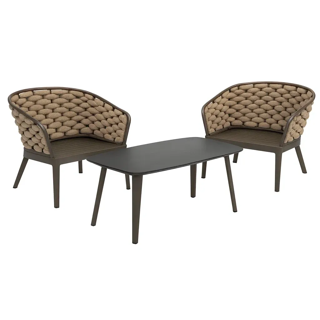 Set da esterno per il relax da giardino con tavolino e due poltrone in acciaio e corda marrone-MOBIARGO