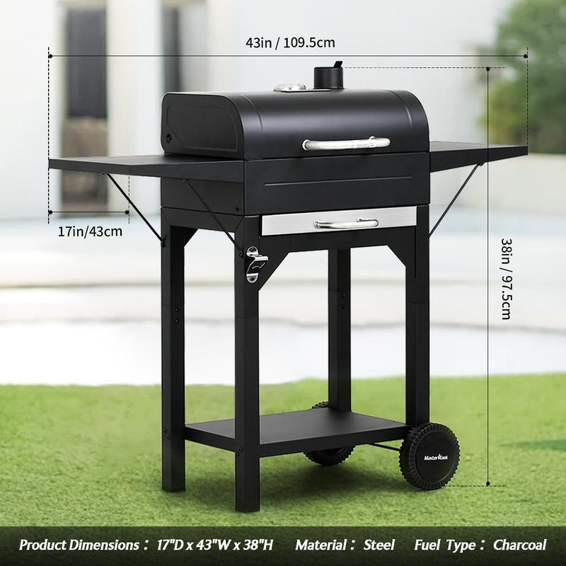 Parrilla de carbón con dos mesas laterales, área de cocción de 332 pulgadas cuadradas; ahumador y barbacoa para exteriores, ideal para camping, patios, jardines, fiestas y picnics (Negro).