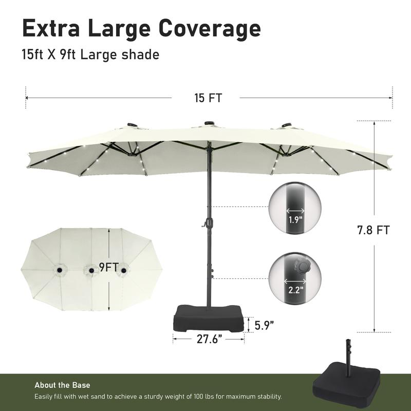 [Luz LED] Phivilla Home Sombrilla grande para patio exterior de 15 pies con base – Opción de luz LED, doble cara, manivela, impermeable