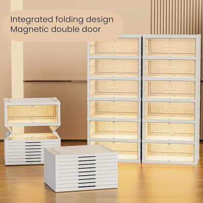 Zapatero plegable con puertas transparentes magnéticas, de 9 niveles; tiene capacidad para 18 pares de zapatos. De diseño sencillo y gran capacidad, es un zapatero de plástico robusto y apilable que ahorra espacio, no requiere instalación y resulta sumame